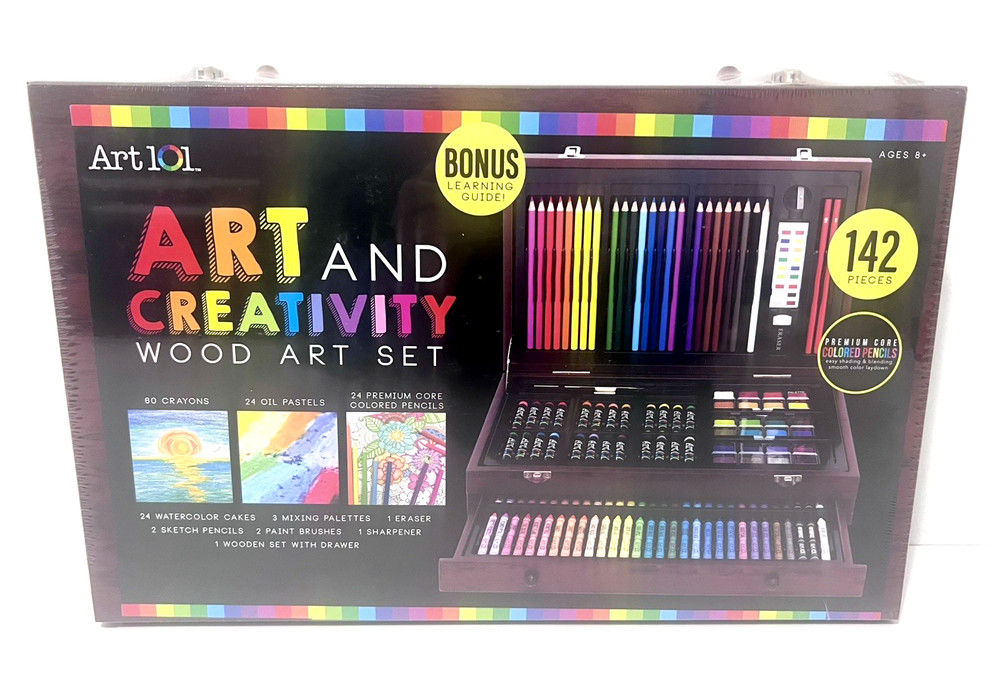 ART 101 DELUXE ART AND CREATIVITY WOOD ART SET & CASE 142 PCS PAINT SKETCH COLOR