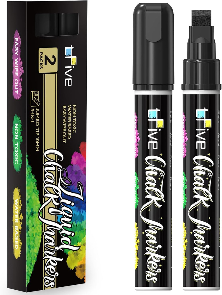 TFIVE Black Liquid Chalk Markers – 2 Pack Jumbo Chalk Pens with 10Mm 3 in 1 Nib