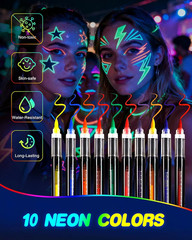 Glow in the Dark Face Paint Markers, 10 Colors UV Neon Body Paint Pens, Waterpro