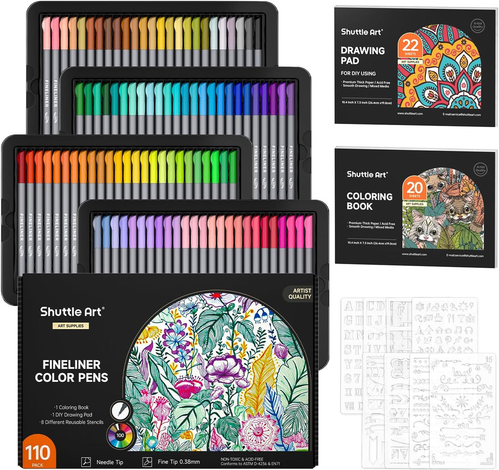 Shuttle Art Fineliner Colored Pens, 100 Colors 0.38Mm Fine Point Pens with Stenc