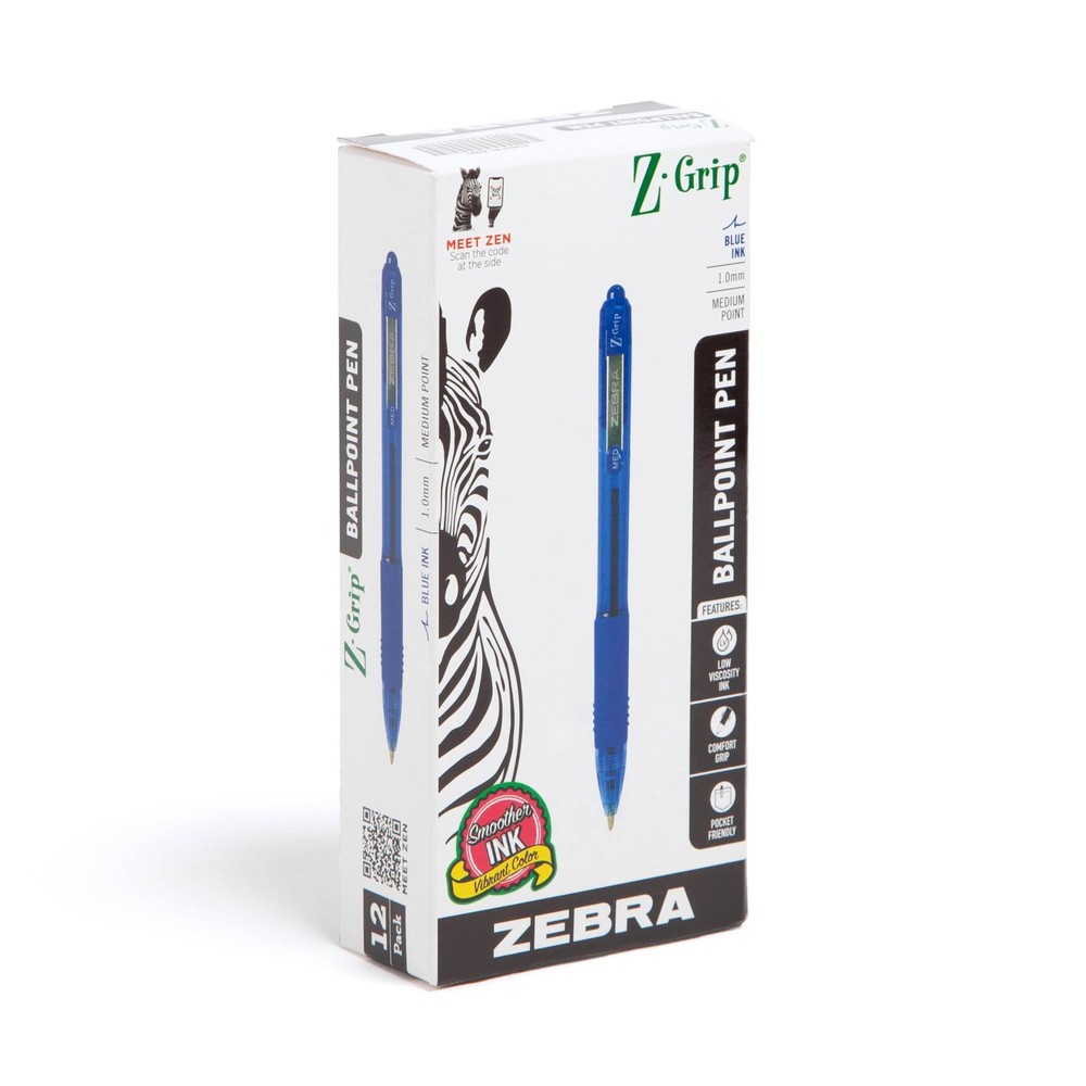 Zebra Z-Grip Retractable Ballpoint Pen Medium 1.0mm Blue Ink 12-Count (22220)