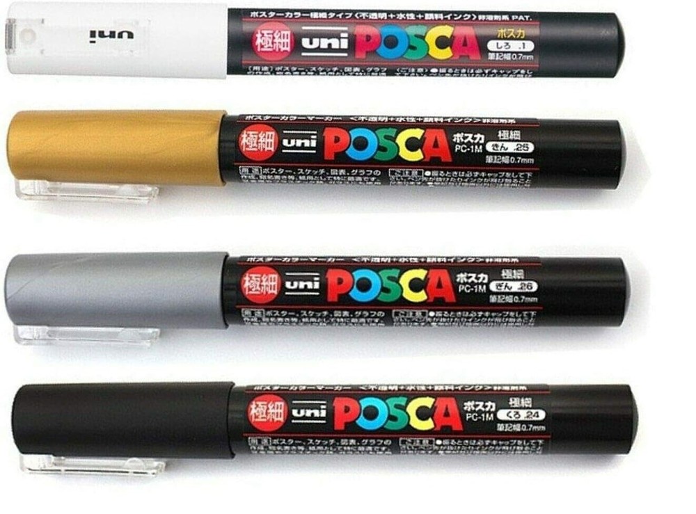 Uni Posca Paint Marker Extra Fine (0.7mm) – WHITE/GOLD/SILVER/BLACK, Pack of …