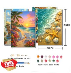 RRMRRM 4pk Paint Numbers Kit Adults Beach Sea Turtle Framed 8×12
