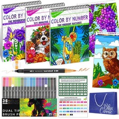 3-in-1 Color by Numbers Adult Coloring Books with 36 Colors Markers – Spiral …