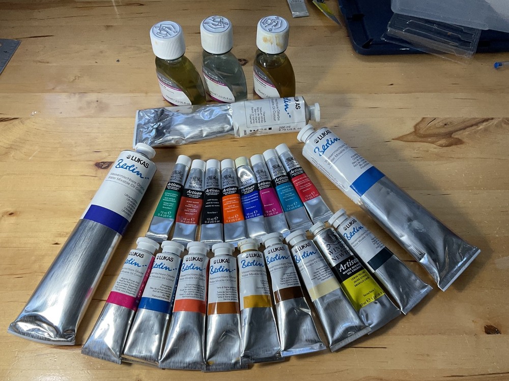 Lot of 20 tubes Lukas and other water mixable oil paints and 3 bottles medium.