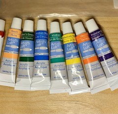 Acrylic Paint And Supplies Lot(16) New Tubes -1 Pencils Brushes Compass Charcoal