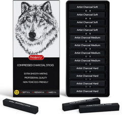 Compressed Charcoal Sticks, 12 Pieces (Soft, Medium, Hard) Square Vine Charco…