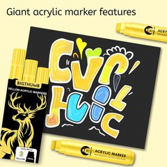 3 Pcs Yellow Jumbo Permanent Markers: 15mm Wide Tip Thick Acrylic Paint Pen Larg