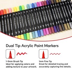 30 Colors Acrylic Paint Markers, Dual Tip Fine and Brush Tips for Detailed Art