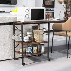 3-Tier Kitchen Baker’s Rack Microwave Oven Storage Cart with Hooks-Rustic Brown