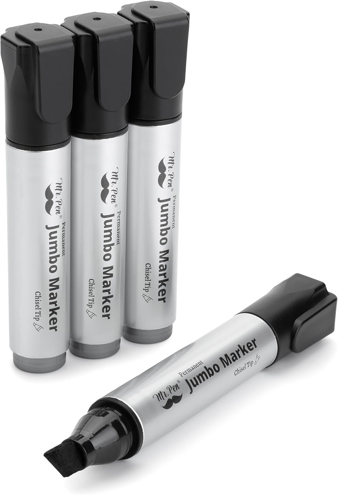 Jumbo Permanent Markers 4 Pack Chisel Tip Black – Thick Wide Tip Large Size