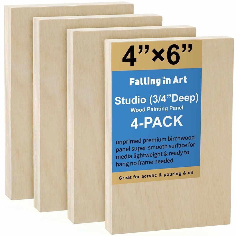 Unfinished Birch Wood Panels Kit 4 Pack 4×6” 3/4” Deep Cradle Boards Painting