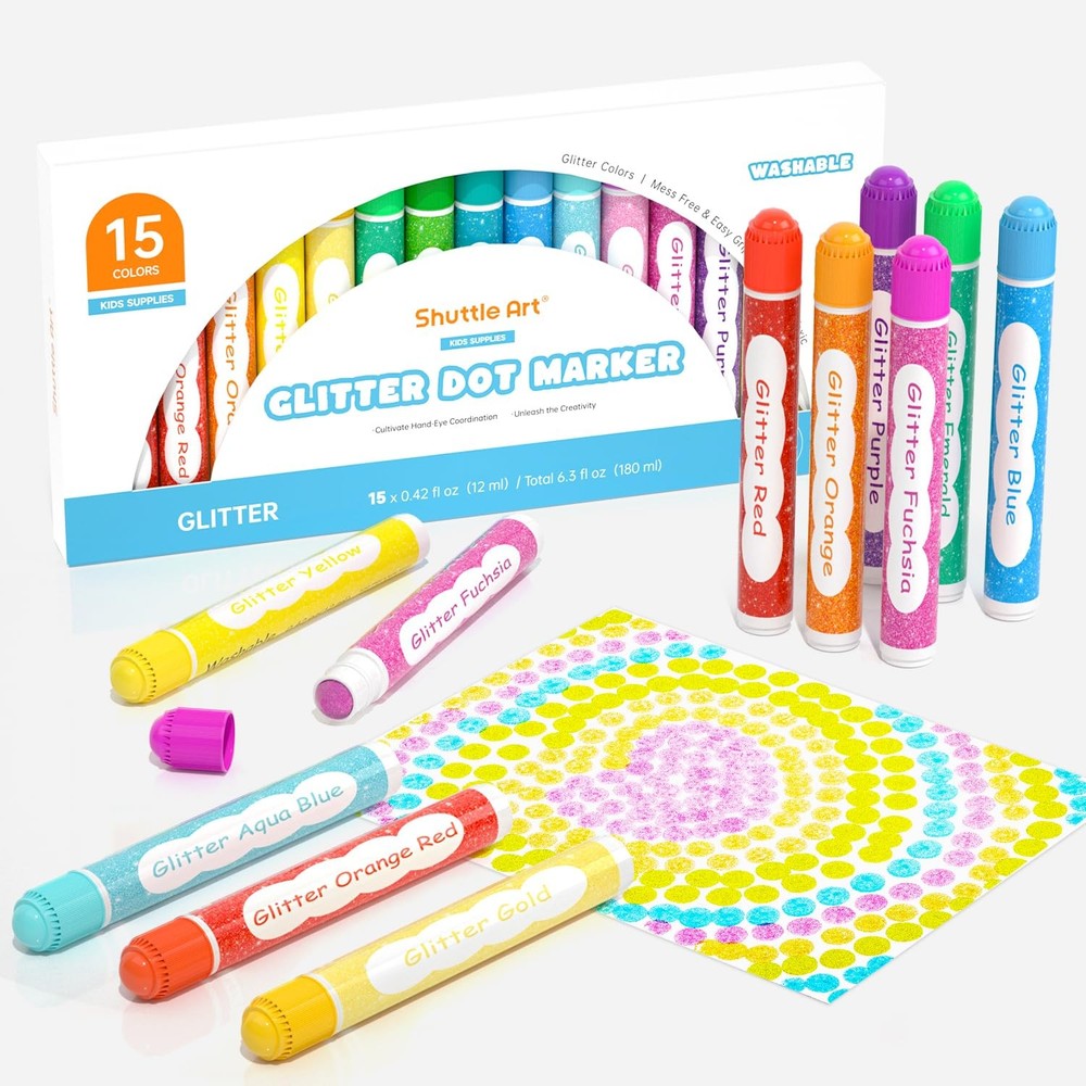 Shuttle Art Shimmer Dot Markers, 15 1 Count (Pack of 15), 15 Glitter Colors
