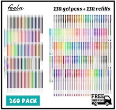 feela Gel Pens Set, 260 Pack 130 Colored Gel Pens Plus 130 Refills for Adult Col