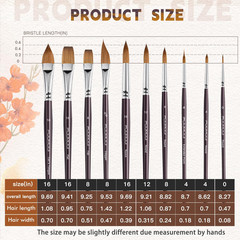 Sable Watercolor Brushes, Professional 10Pcs Sable Paint Brush Set Vari
