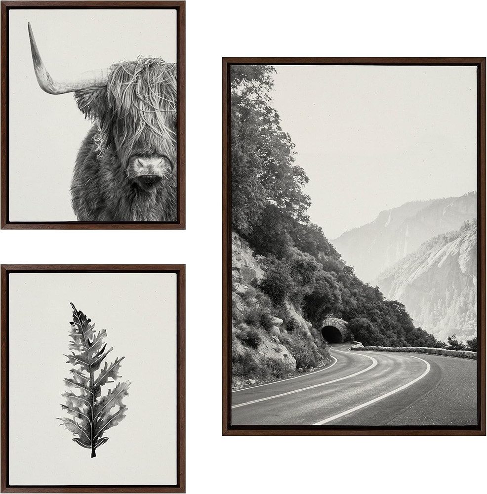 Sylvie Highland Cow, Wandering and Vintage Botanical Black and White Framed Line