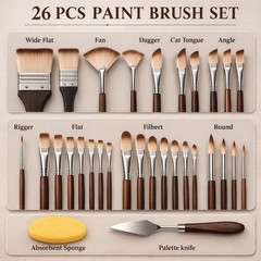 26Pcs Paint Brush Set with Stand-Up Case, Travel Small, Brown