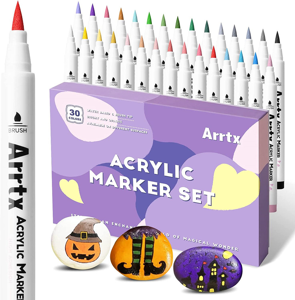 Arrtx 30 Colors Acrylic Paint Pens for Rock Painting, Extra Brush Tip, Water for