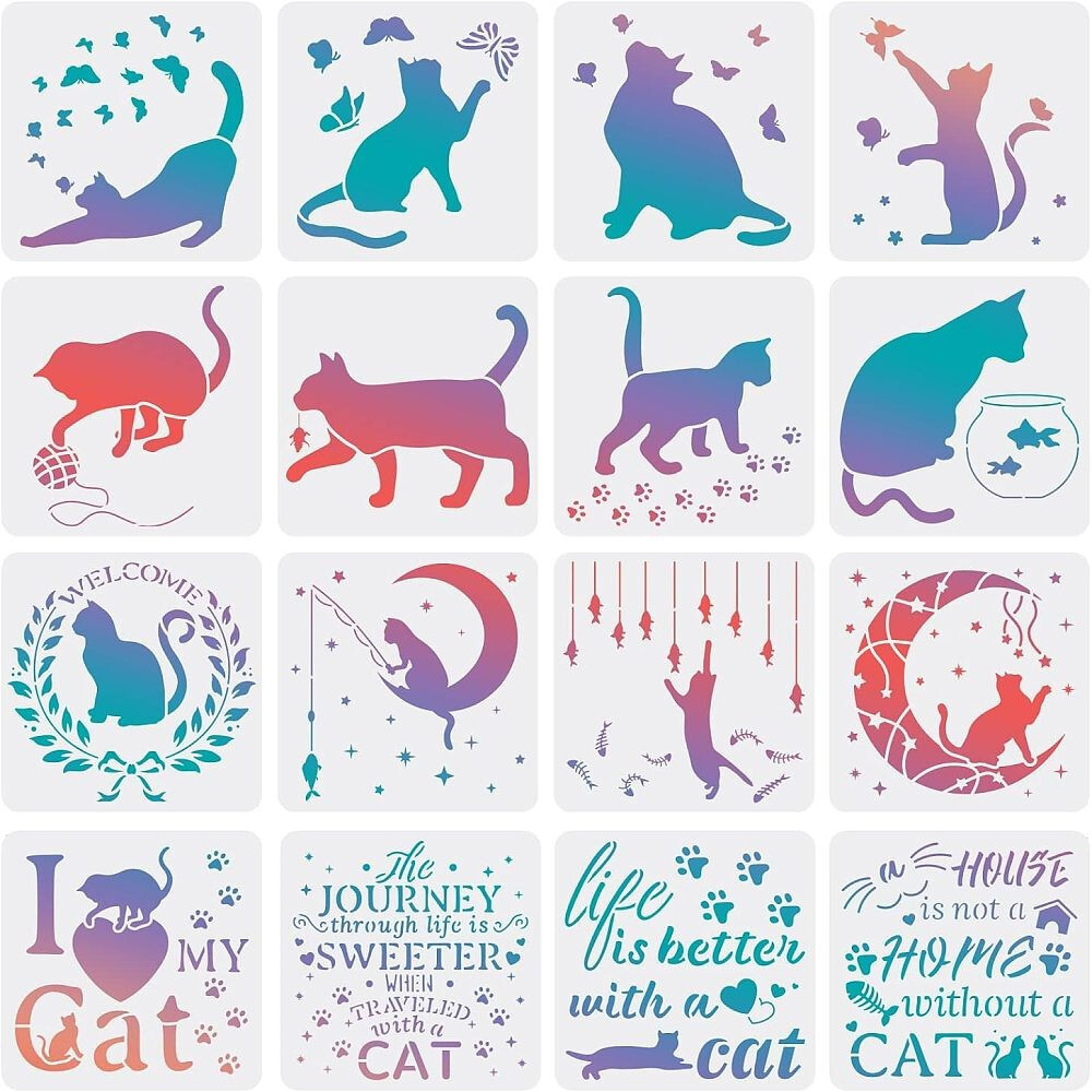 1set 16pcs Cat Stencils 7.8×7.8inch Plastic Cat Butterfly Drawing Painting sets