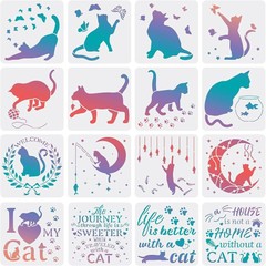 1set 16pcs Cat Stencils 7.8×7.8inch Plastic Cat Butterfly Drawing Painting sets