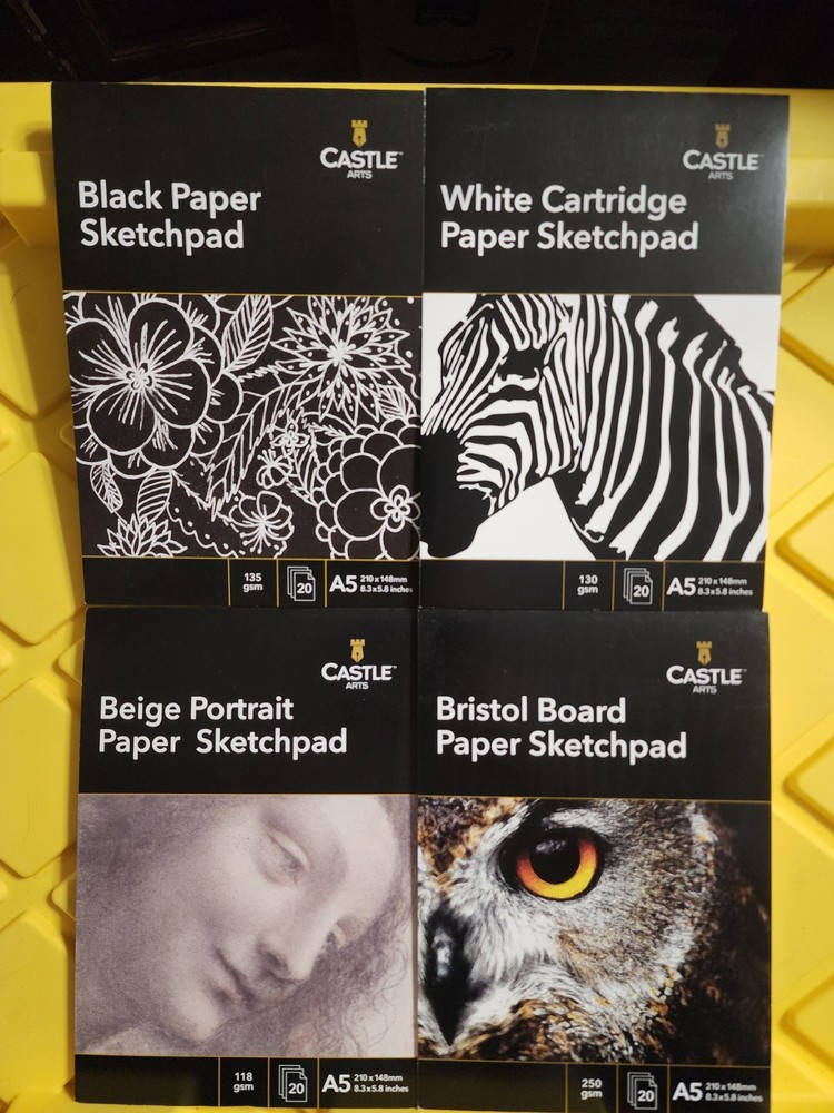 Castle Arts A5 Sketch Pad Set of 4 White Black Bristol Beig 80 Sheets Total