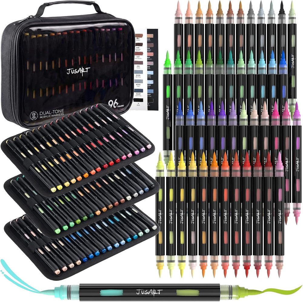 Acrylic Brush Markers, 96 Colors Brush Tip Acrylic Marker Set, 48 Dual-Tip Water