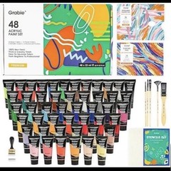 Grabie 48 Colors Paint Premium with 5 Brushes, 10 Stencil Set , Canvas Pad