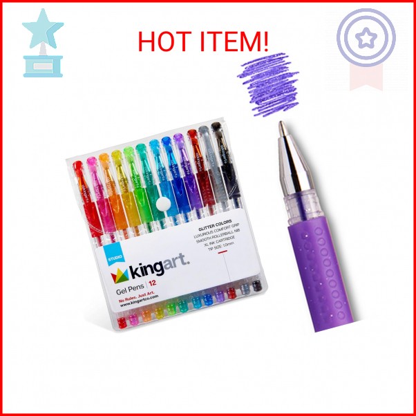 KINGART Glitter Rollerball Gel Pens, 12 Sparkling Colors with Soft-Grip Comfort,