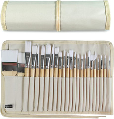 24 Pc Paint Brush Set With Canvas Case Wooden Handles For Acrylic Oil Watercolor