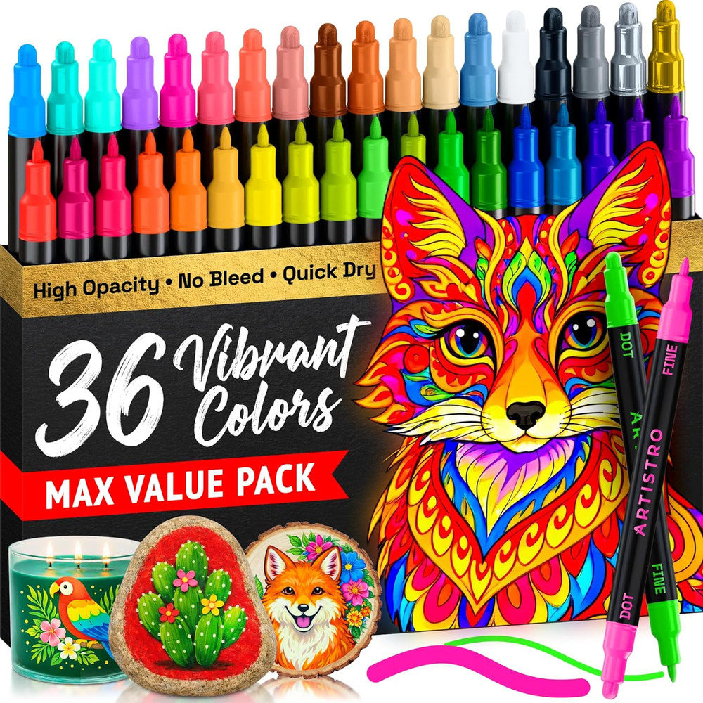36 Precision Dual-Tip Acrylic Paint Markers – Paint Pens Set with Dot & Fine Tip