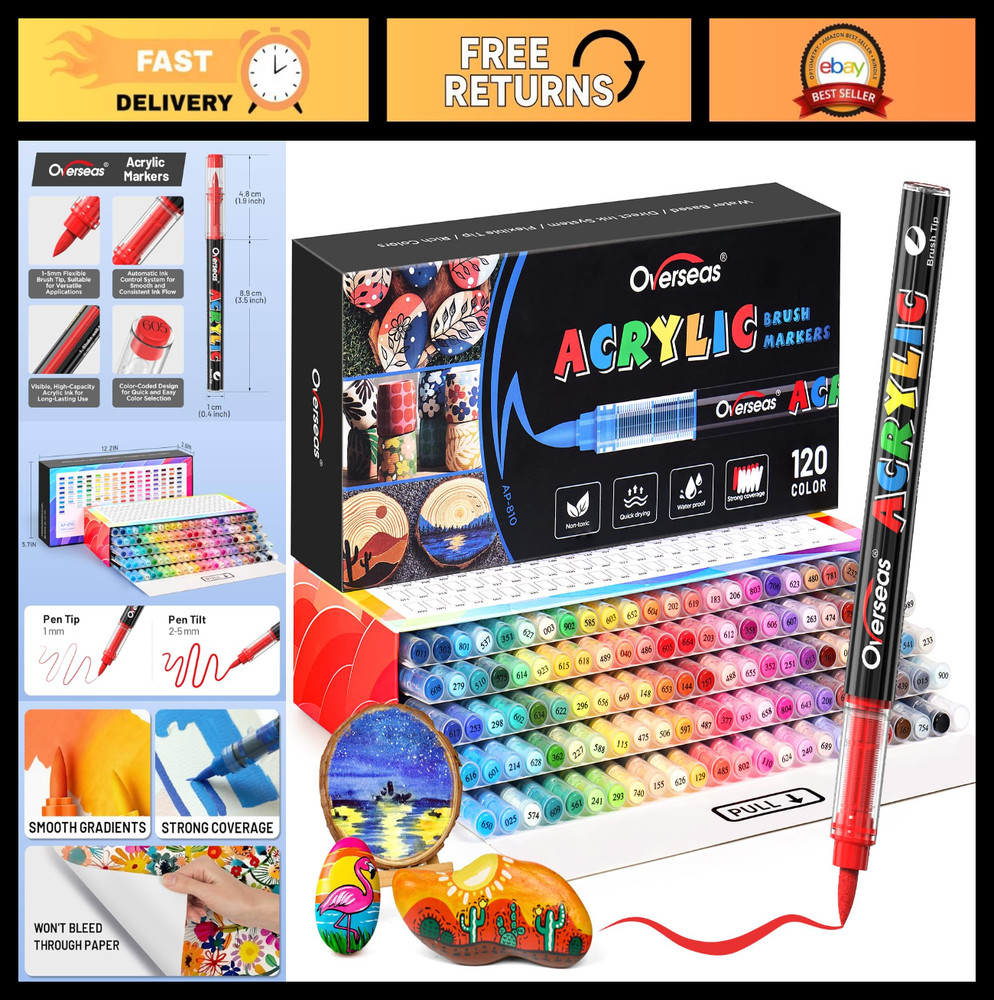 120 Colors Acrylic Paint Markers Set – Brush Tip, Quick Drying Ink for Rock, Woo