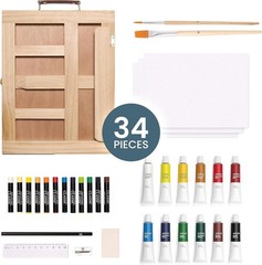 Artistik Mixed Media Easel Art Set – 34-Pc Wooden Desktop Easel Box Paint Set…