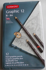 Tin of 12 Derwent Graphic Black Lead Pencils Hard Grades B-9H Minor Dents in Lid