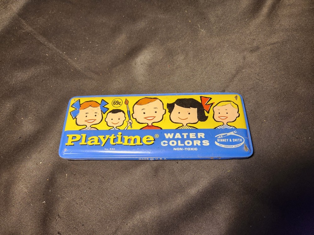 VINTAGE Binney & Smith Playtime Water Colors Paint Set Tin USA- No 525 w/ Paints