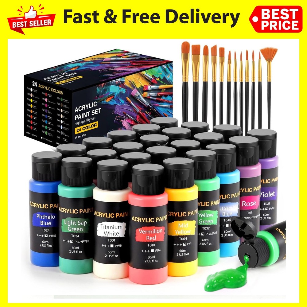 Acrylic Paint Set, 24 Colors 2 oz/Bottle with 12 Art Brushes, Art Supplies for &