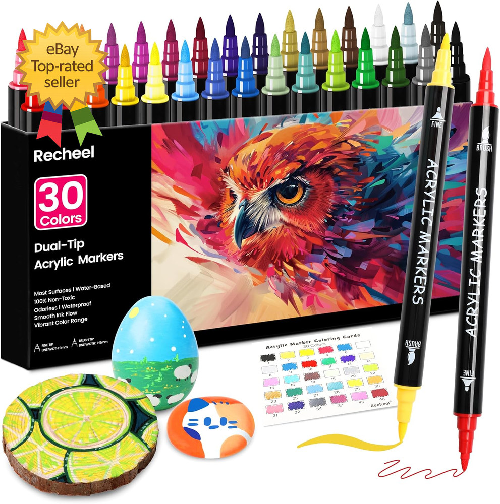 30 Colors Acrylic Paint Markers Dual Tip Fine and Brush Tips for Detailed Art…