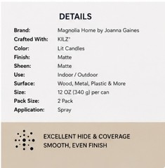 Magnolia Home Spray Paint LIT CANDLES Matte 12oz KILZ Indoor Outdoor 2 Pack