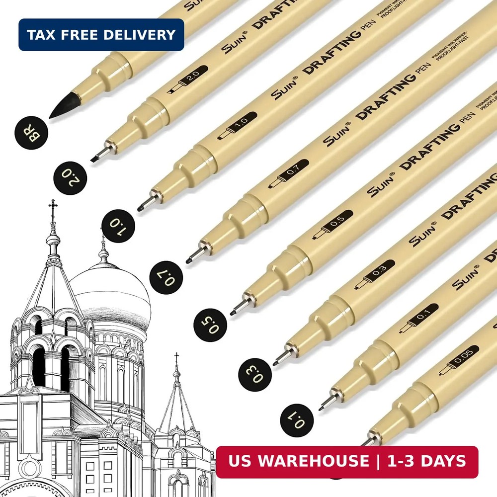 SUIN 8 Pack Black Fineliner Pens, Waterproof Drafting Pens with Assorted Micro T