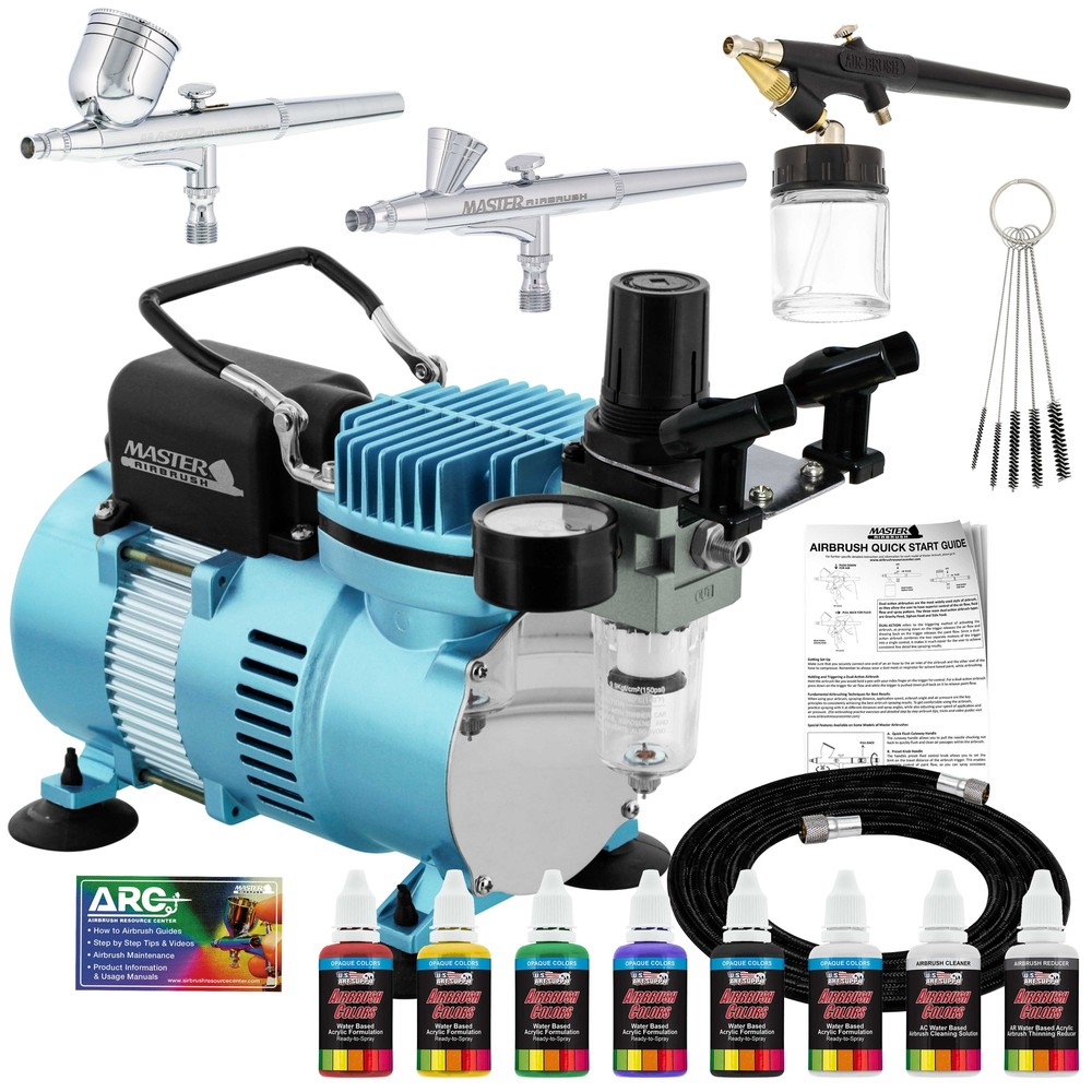 Master 3 Airbrush, Air Compressor Kit, Holder 6 Primary Colors Acrylic Paint Set