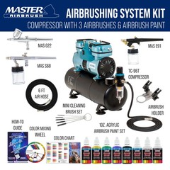3 Master Airbrush 1/4hp Twin-Piston Compressor Kit, 6 Color Acrylic Paint Set