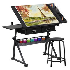 Drafting Desk Drawing Table 9 Levels Adjustable angle w/ Stool Arts Crafts Black