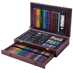 142 Pc Art Set With Colored Pencils Crayons Pastels Watercolors In Wood Carrying