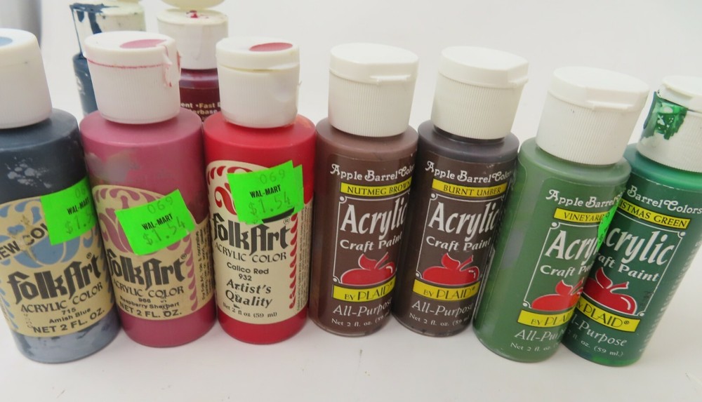 Lot 7 Acrylic Craft Paint USED bottles Fold Art Apple Barrel Brown Red Pink Blue