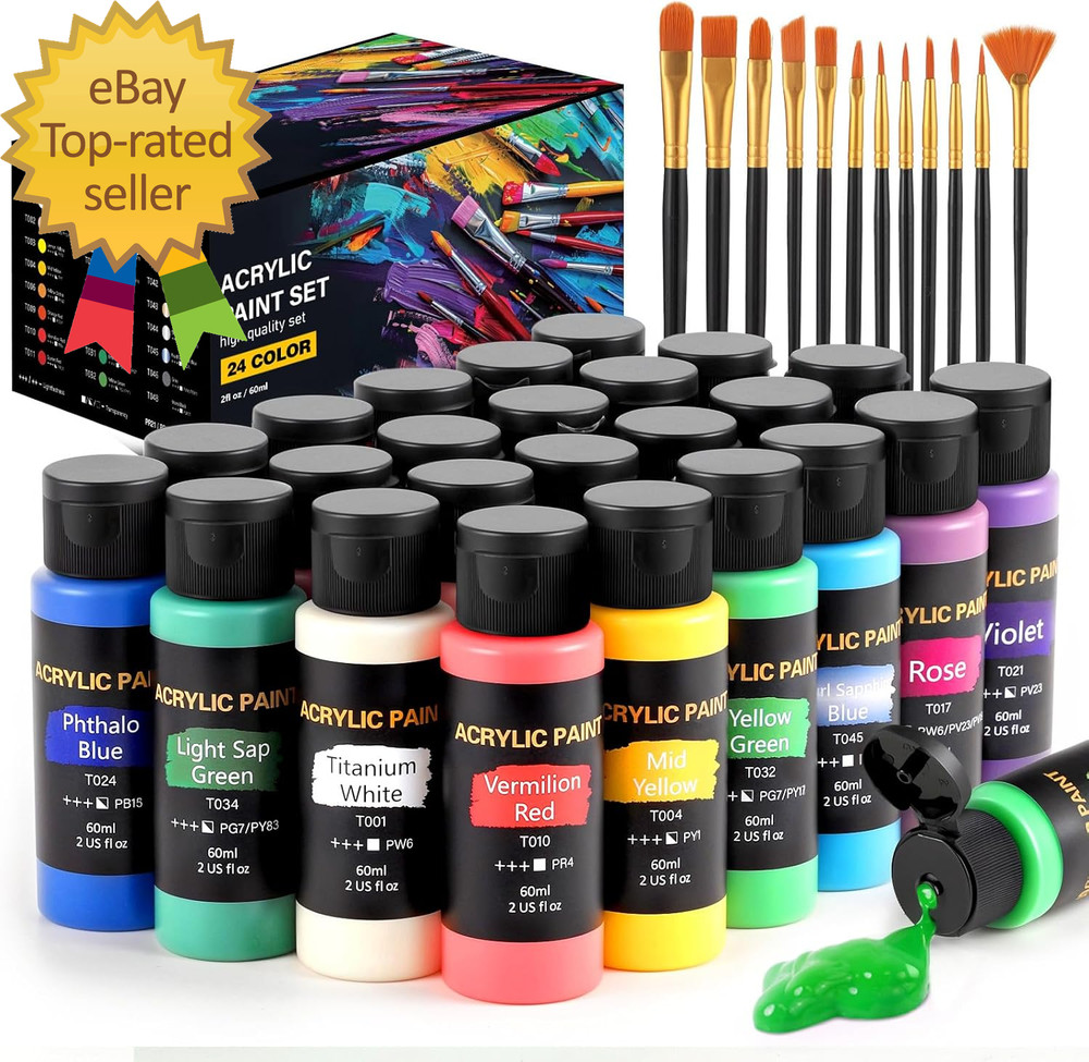 Acrylic Paint Set, 24 Colors (2 Oz/Bottle) with 12 Art Brushes, Art Supplies for