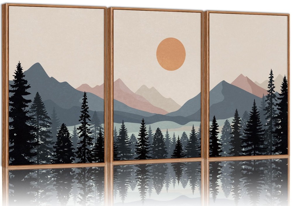 Tinonedraw Boho Mountain Framed Canvas Wall Art Set of 3, Watercolor Nature L…