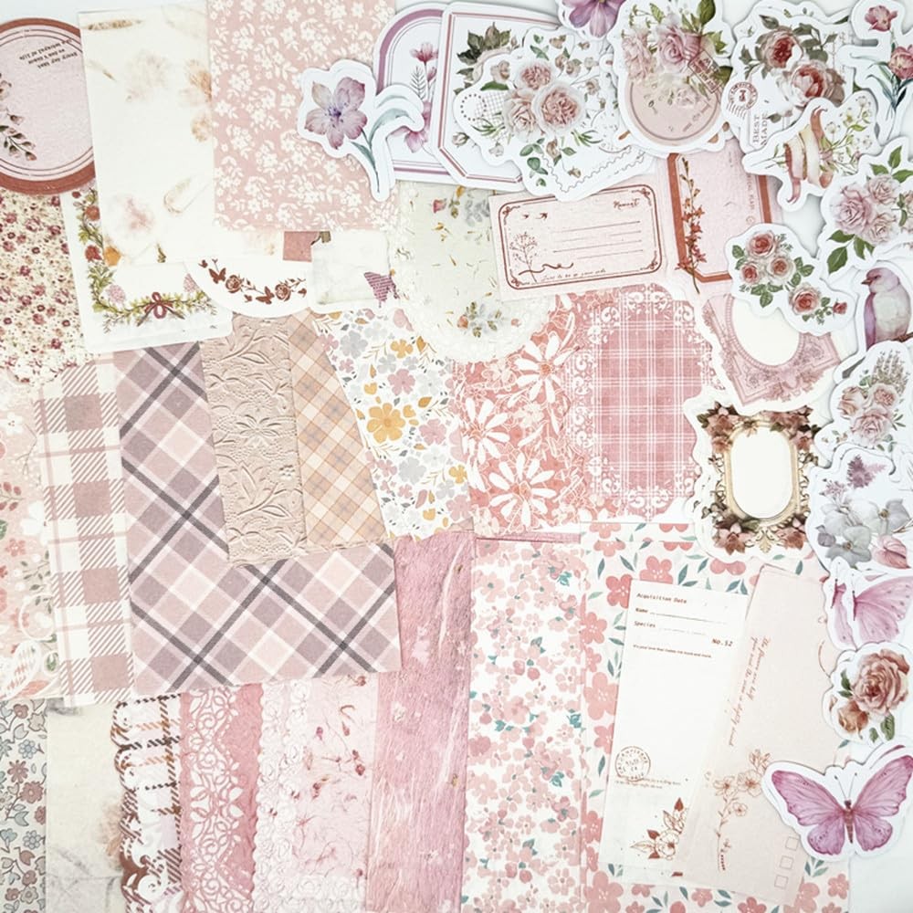 100PCS Vintage Floral Scrapbook Paper,Textured Paper Assorted Set, Pink