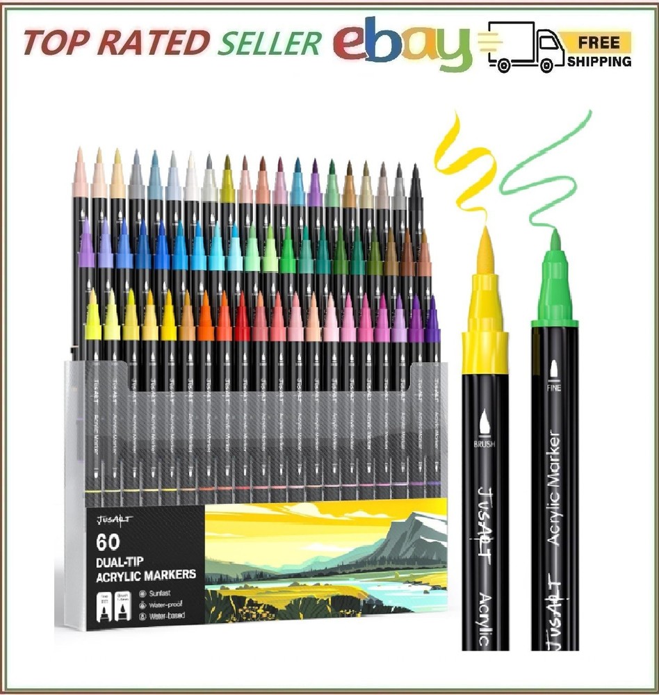 JusArt 60 Colors Dual Tip Acrylic Paint Pens Markers, Brush and Fine Tip, Premiu