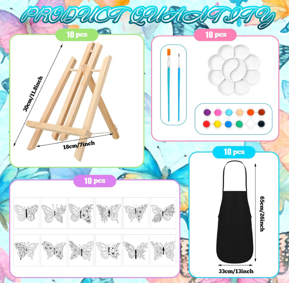 10 Set Kit for Adult/Teen Sip & Paint Party with Easels, 90 pcs total, Butterfly