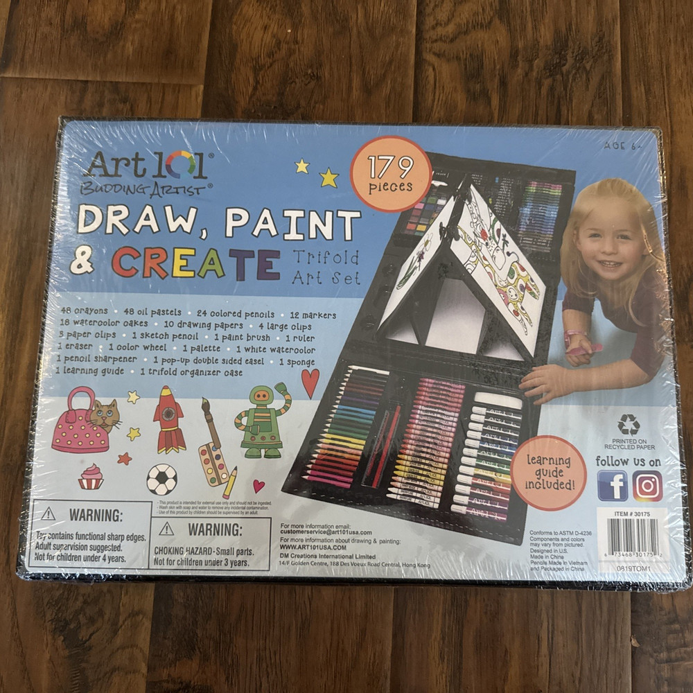 Art 101 Budding Junior Artist 179 Piece Draw Paint Create Art Set Pop-Up Easel