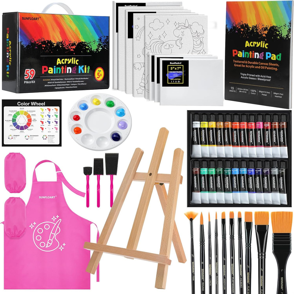 59Pcs Acrylic Paint Set – Art Supplies Kit with 24 Non-Toxic Paints, Easel, Brus